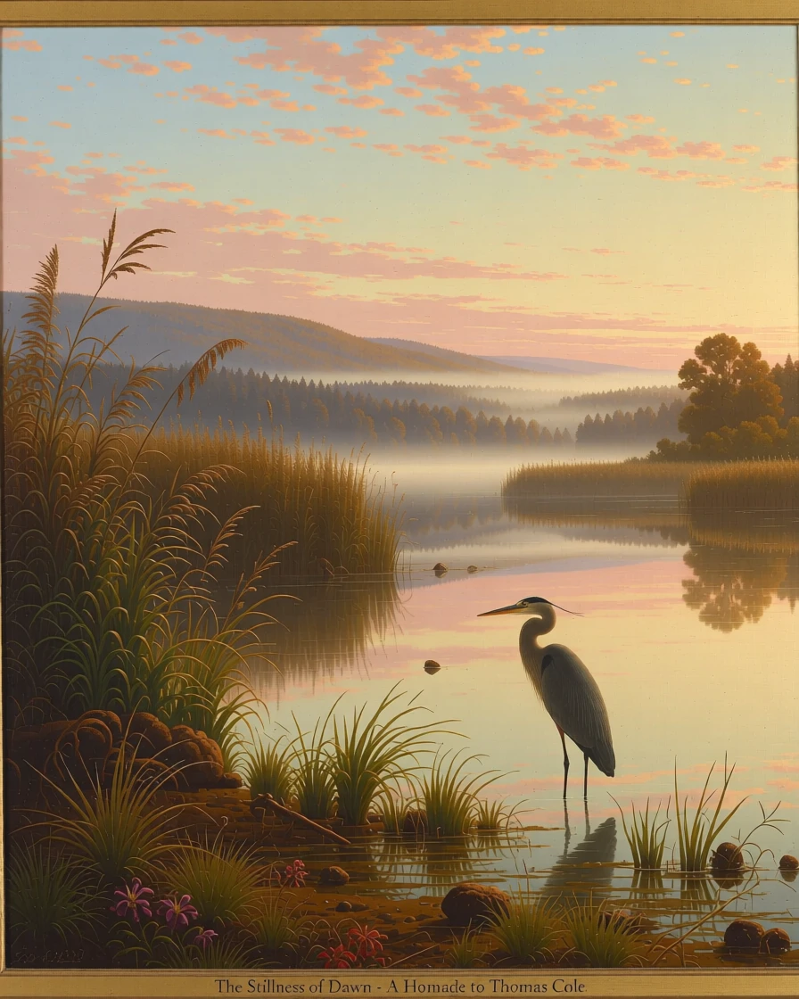 A heron stands motionless in the shallows of a quiet marsh.