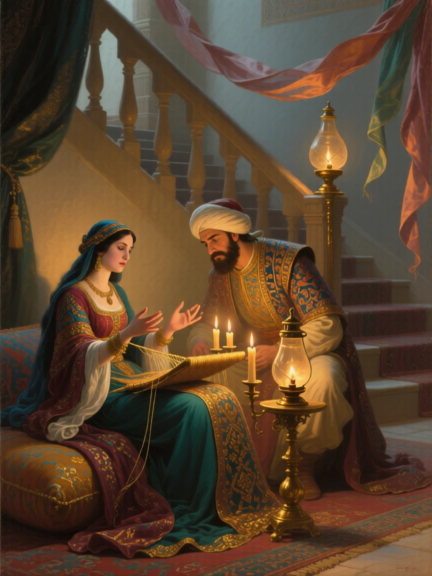 Scheherazade weaving a tale to a captivated sultan by lamplight as if pulled directly from a cherished tale, set beside a grand staircase lit by flickering candelabra, with lanterns swaying gently and silk ribbons catching the breeze; soft vignetting draws focus to the storyteller at the scene's heart, evoking nostalgia, wonder, and the timeless magic of storytelling.
