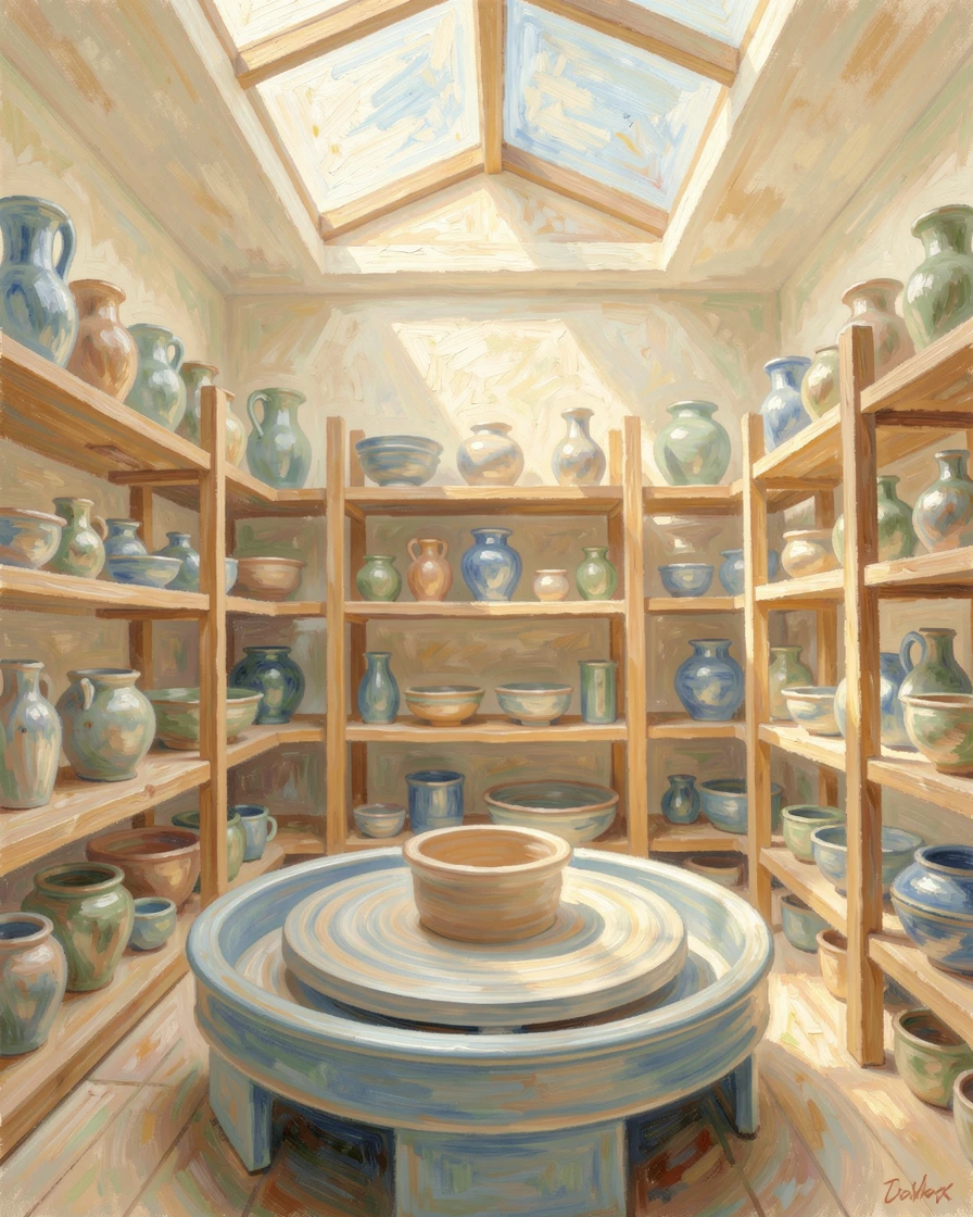 A quiet pottery studio with shelves of glazed ceramics and a wheel spinning beneath a skylight.