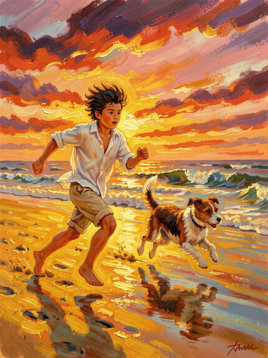 A young boy and his dog racing along a golden beach at sunset.