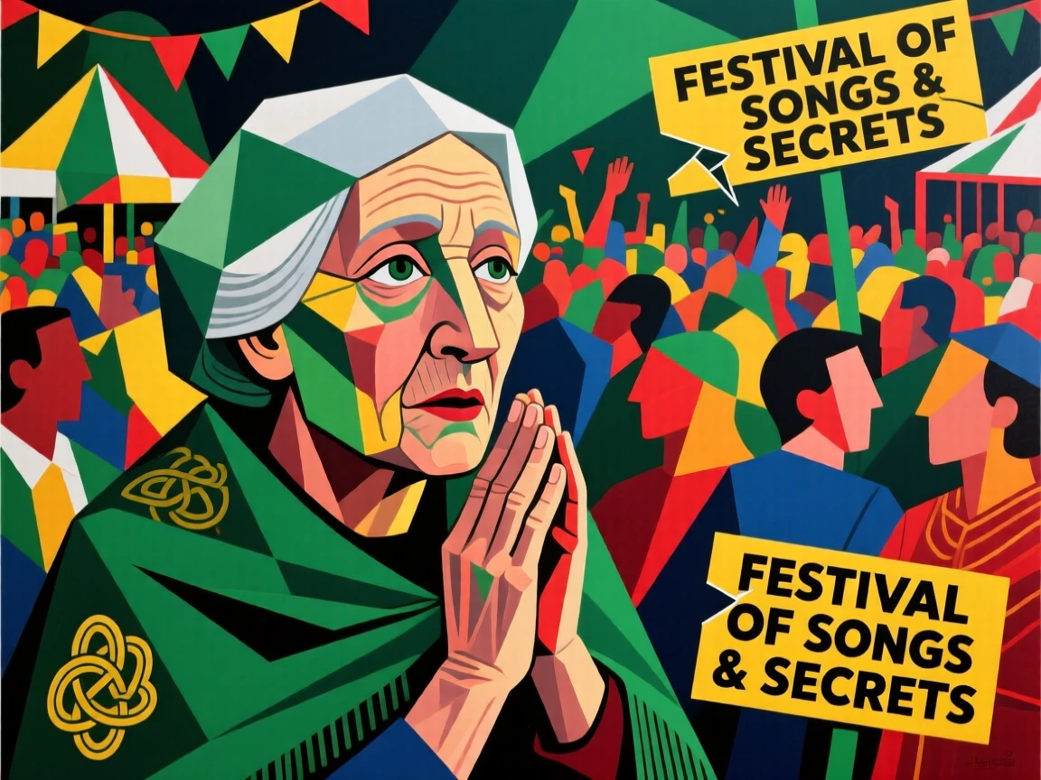 A medium shot of a grandmother of Irish heritage whispering a secret, amid a colorful festival crowd.
