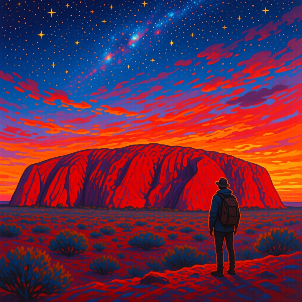 Uluru glowing deep red as the desert sun sets, under a blanket of stars, a lone traveler pausing to take in the view