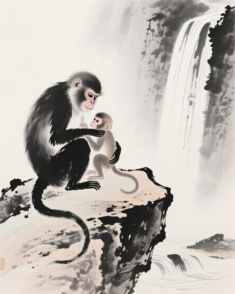 A mother monkey cradles her infant on a rocky ledge, with a waterfall visible in the distance.