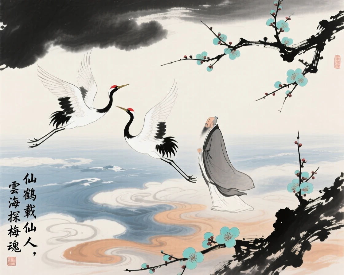 Immortal cranes carrying a robed sage across a sea of clouds, as the last plum blossoms cling to bare branches.