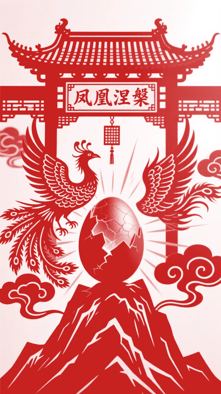 A phoenix egg cracking open atop a mountain shrine, golden light spilling out across the clouds