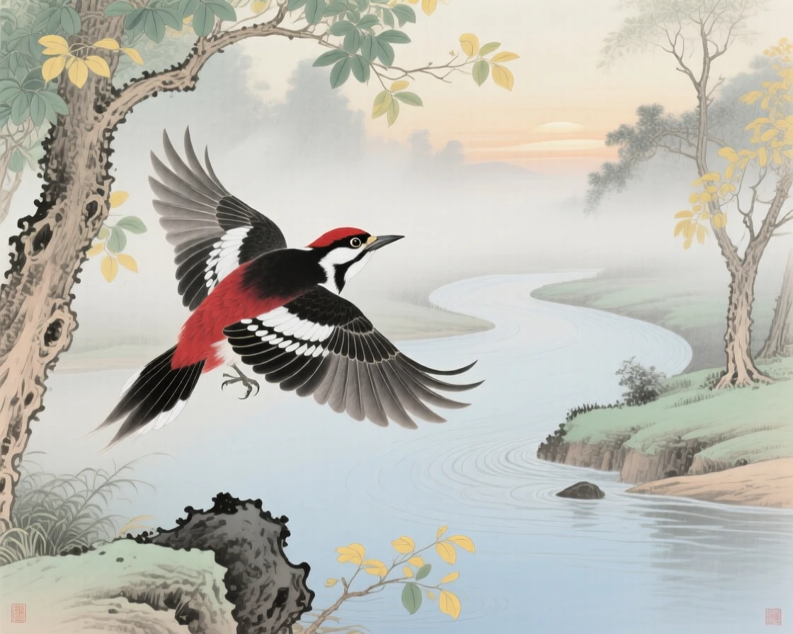 A woodpecker taking flight over a misty river bend, soft morning light filtering through the branches
