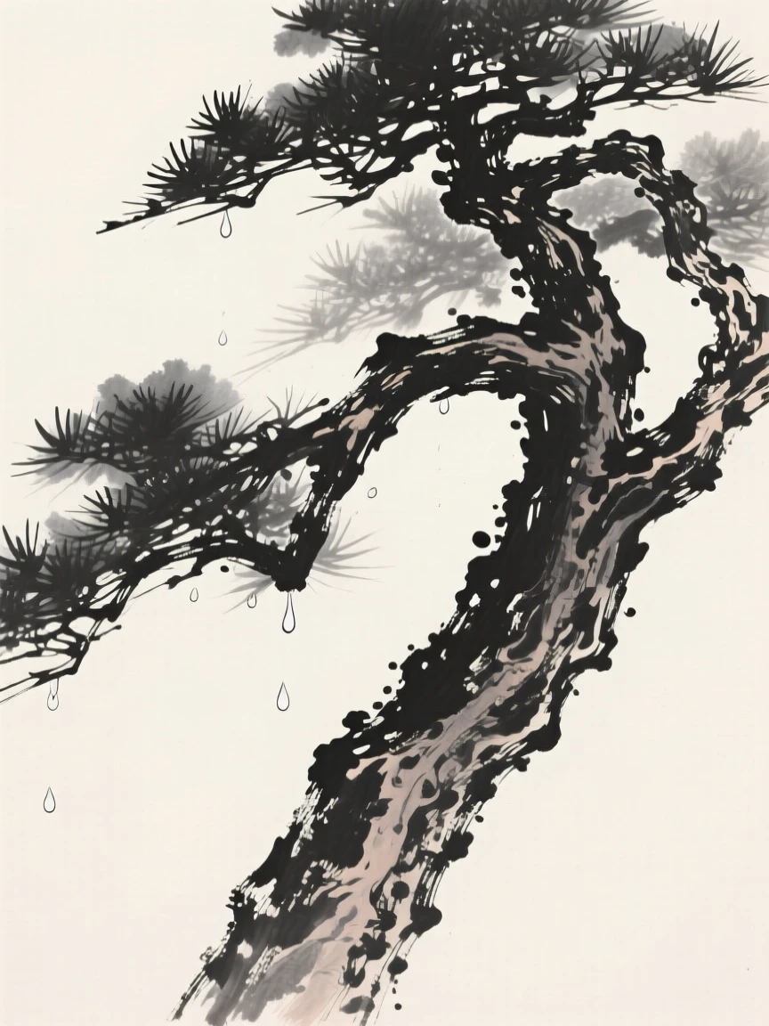 An ancient gnarled pine tree beneath a light dusting of morning dew, framed asymmetrically for quiet visual balance, capturing a delicate, transient moment in bloom.