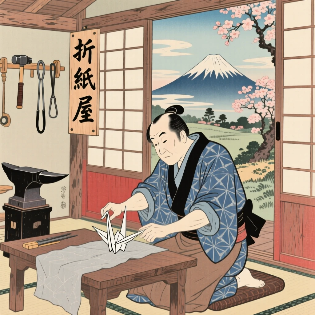 A blacksmith folding a delicate paper crane.