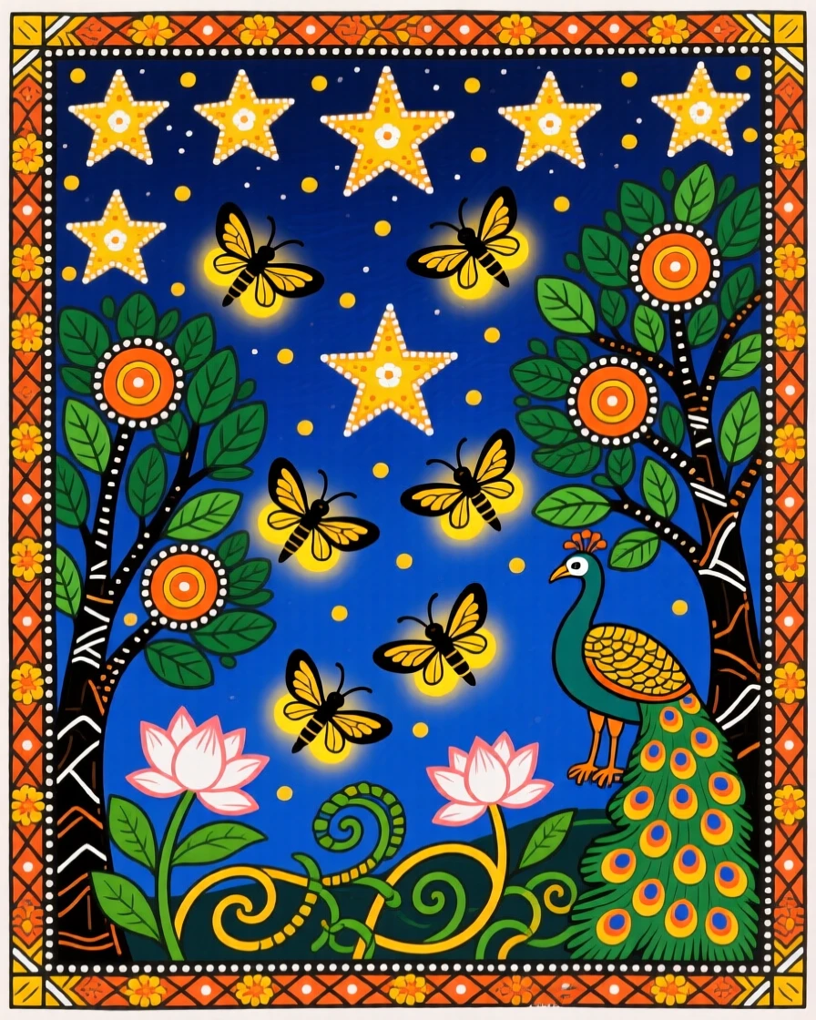Fireflies dancing beneath a canopy of stars on a summer night.