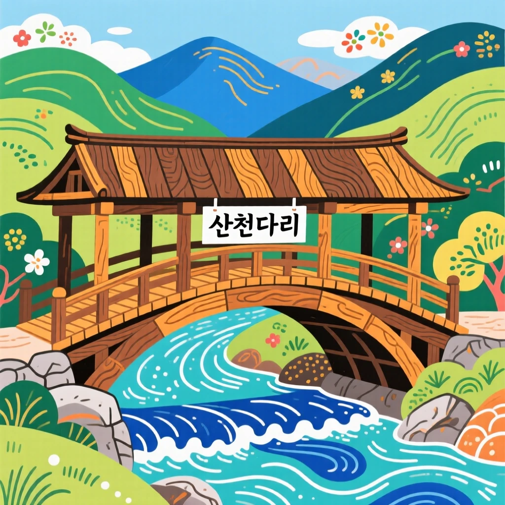 A covered wooden bridge over a mountain stream nestled among distant mountains.