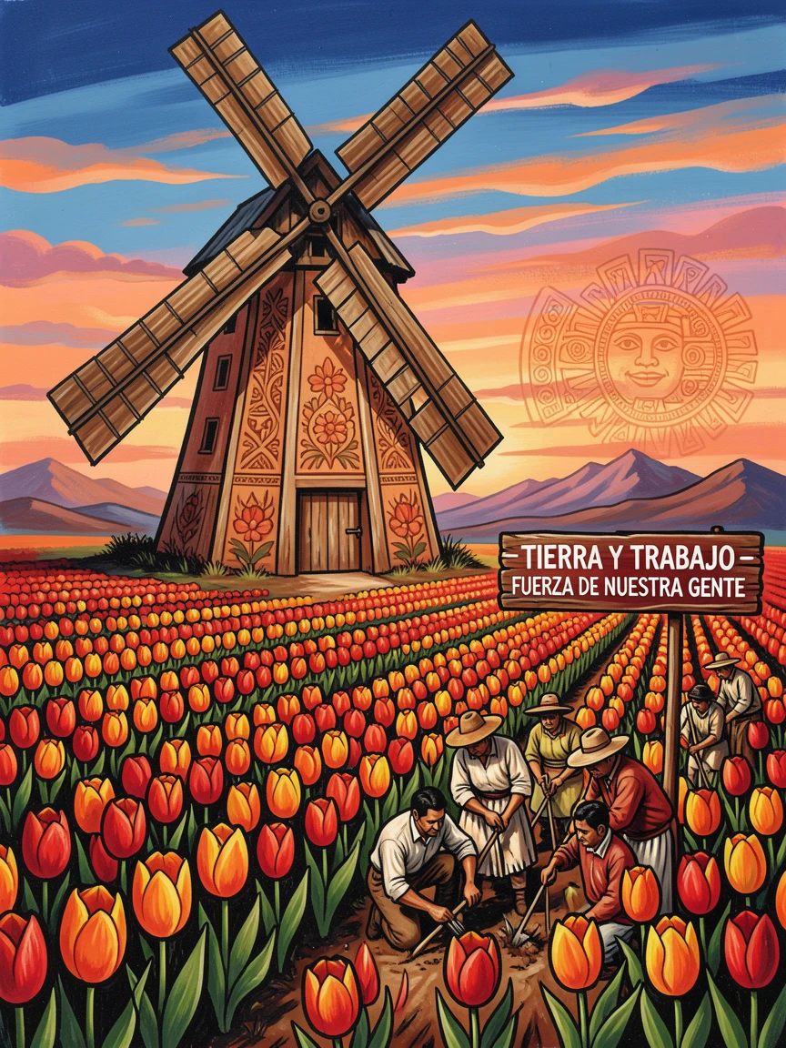 A rustic windmill standing beside a tulip field