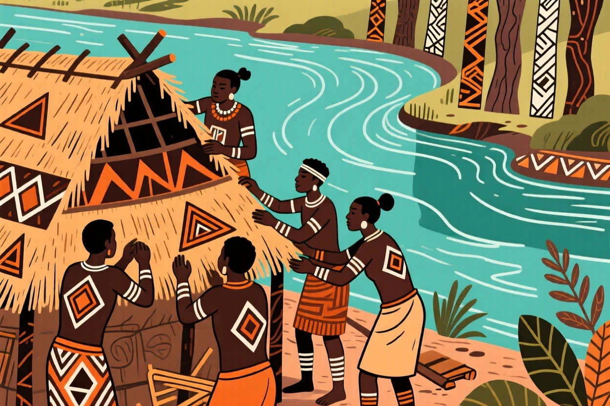 Villagers repairing a thatched roof together beside a slow-moving river.