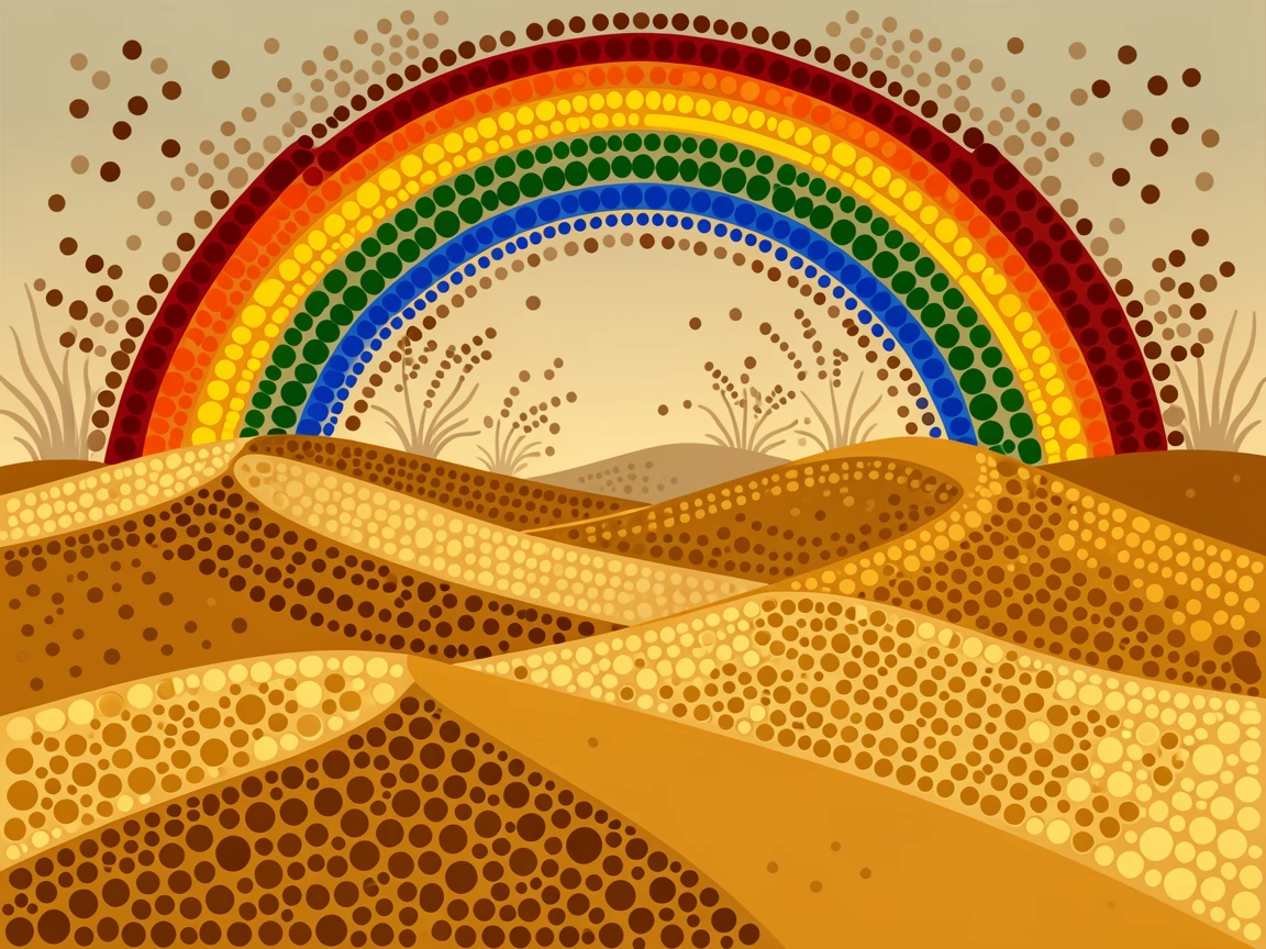 A golden dune sea beneath a rainbow after rain