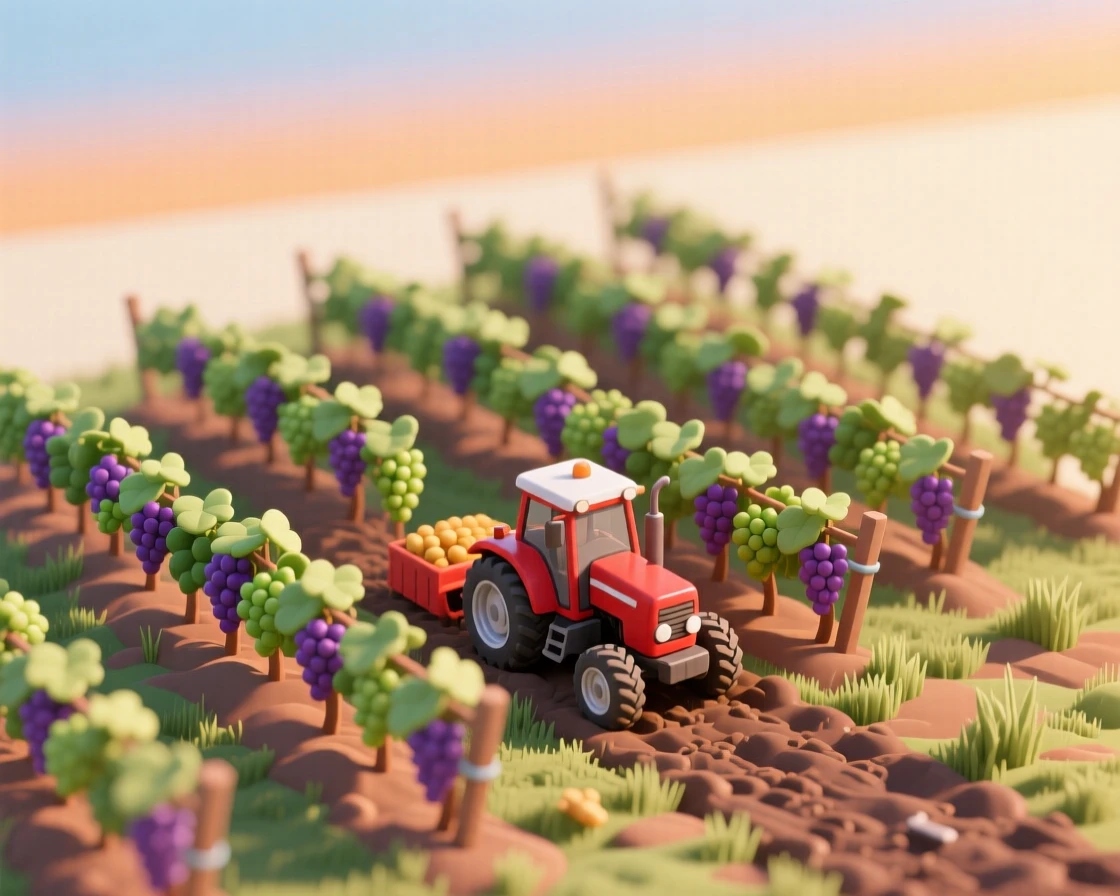 A rolling vineyard landscape at harvest time, rows of grapevines heavy with fruit, and a tractor working between the lines under a warm sky.