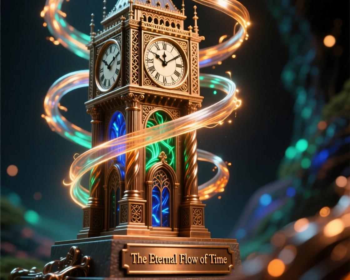 A magical clocktower where time flows visibly as light, with swirling energy and radiant color, transporting the viewer to another world