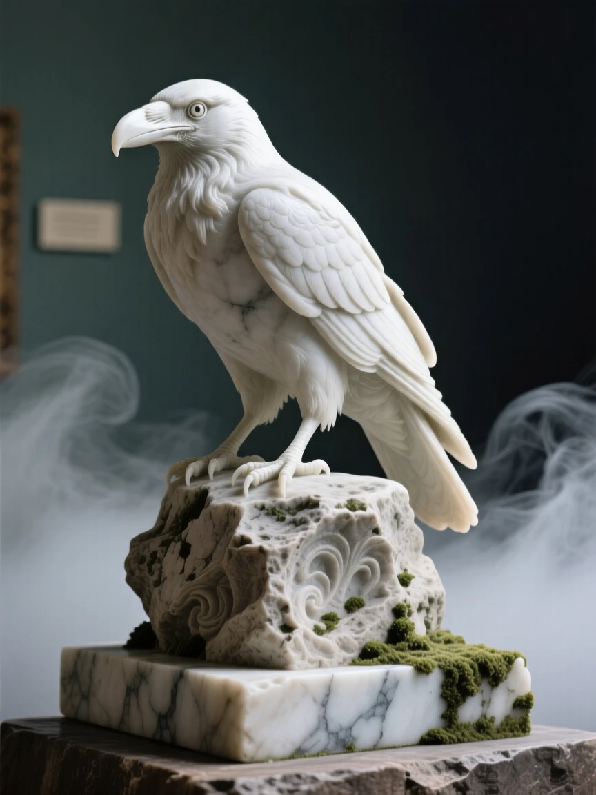A striking close-up of a raven perched atop an ancient stone, full of life and grace, amid drifting mist at dawn
