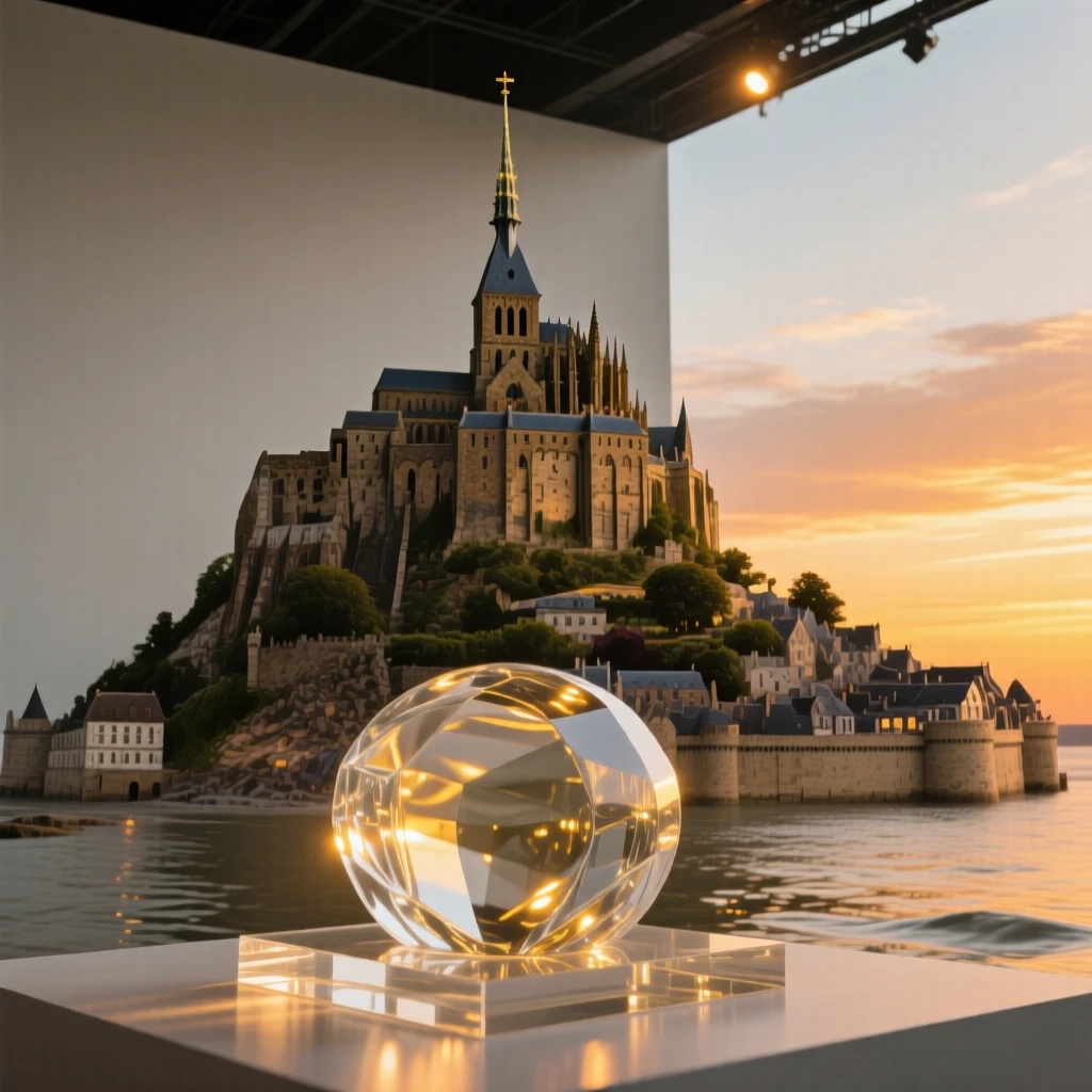 Mont Saint-Michel at high tide, viewed from a dramatic low angle under a vivid sunset sky, warm golden light highlighting every architectural detail, awe-inspiring and grand.