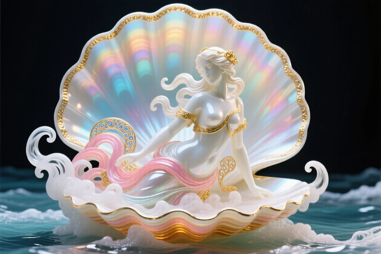 Aphrodite emerging from sea foam upon a giant scallop shell, ethereal and iconic.