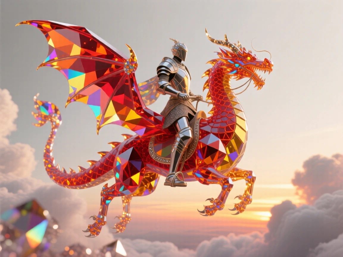 A dragon rider soaring between towering cloud formations at sunset.