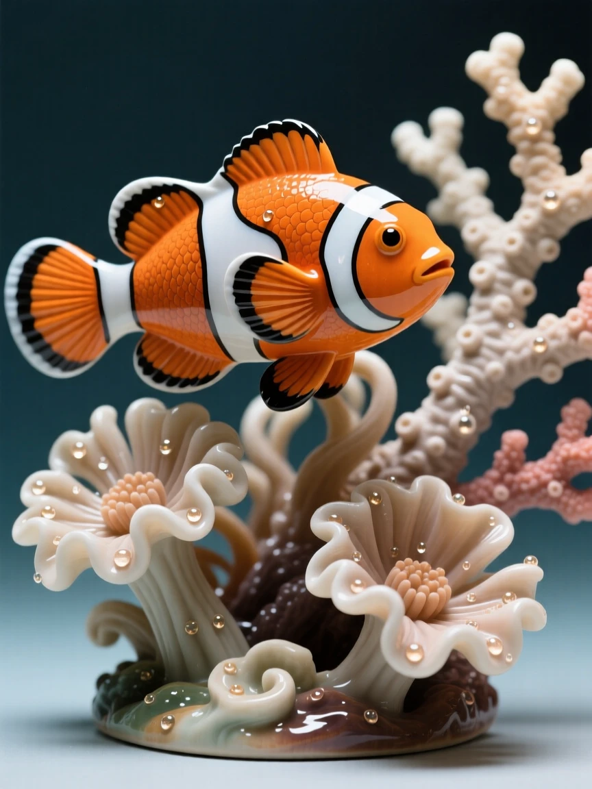 A vibrant clownfish darting among anemones curled gracefully around swaying coral, dotted with tiny, glimmering droplets, radiating playful, gentle joy.