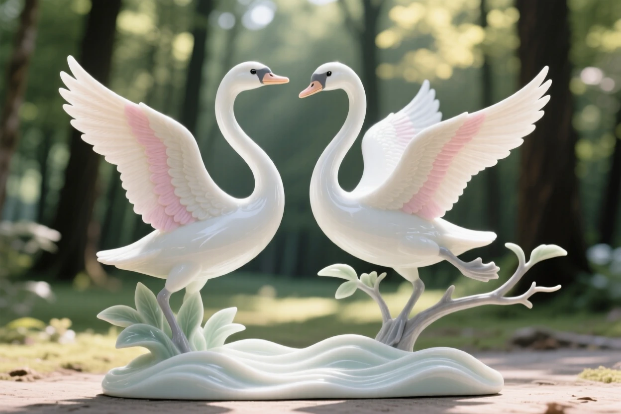 A pair of swans circling gracefully in flight beside a sunlit forest clearing.