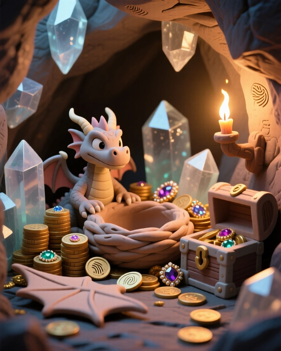 A dragon's hoard glittering inside a crystal cave illuminated by torchlight
