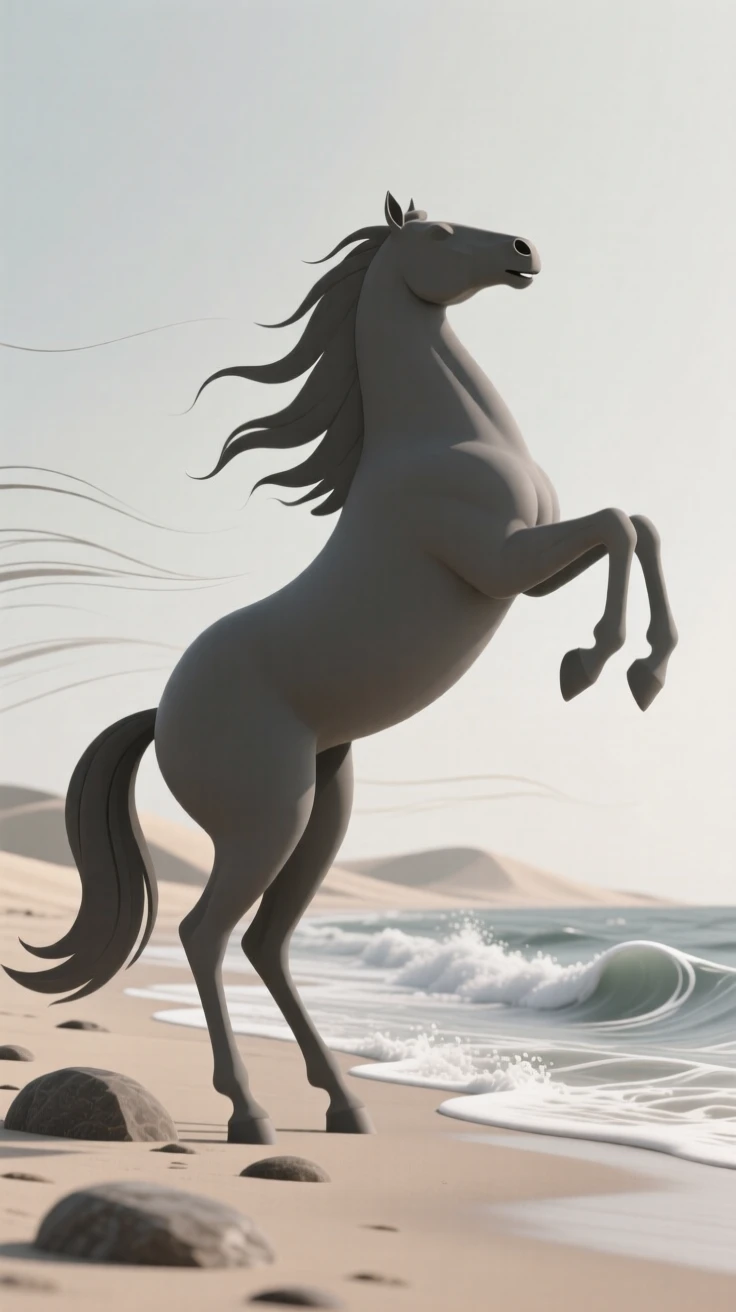 A proud stallion rears up on a windswept beach, mane flying as waves crash against its hooves.