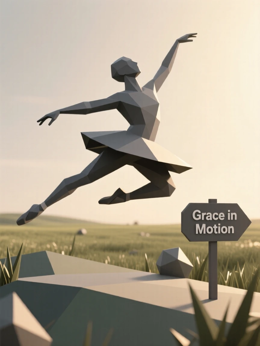 A dancer frozen mid-leap in graceful motion, in a quiet, sunlit meadow. soft backlighting creates a warm, glowing silhouette. The atmosphere feels calm and reflective.