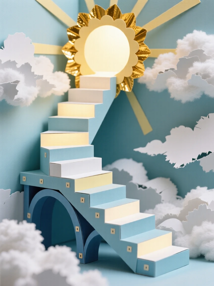 A surreal staircase spiraling up into the clouds, each step glowing softly, leading toward a golden light at the top, evoking aspiration and wonder.
