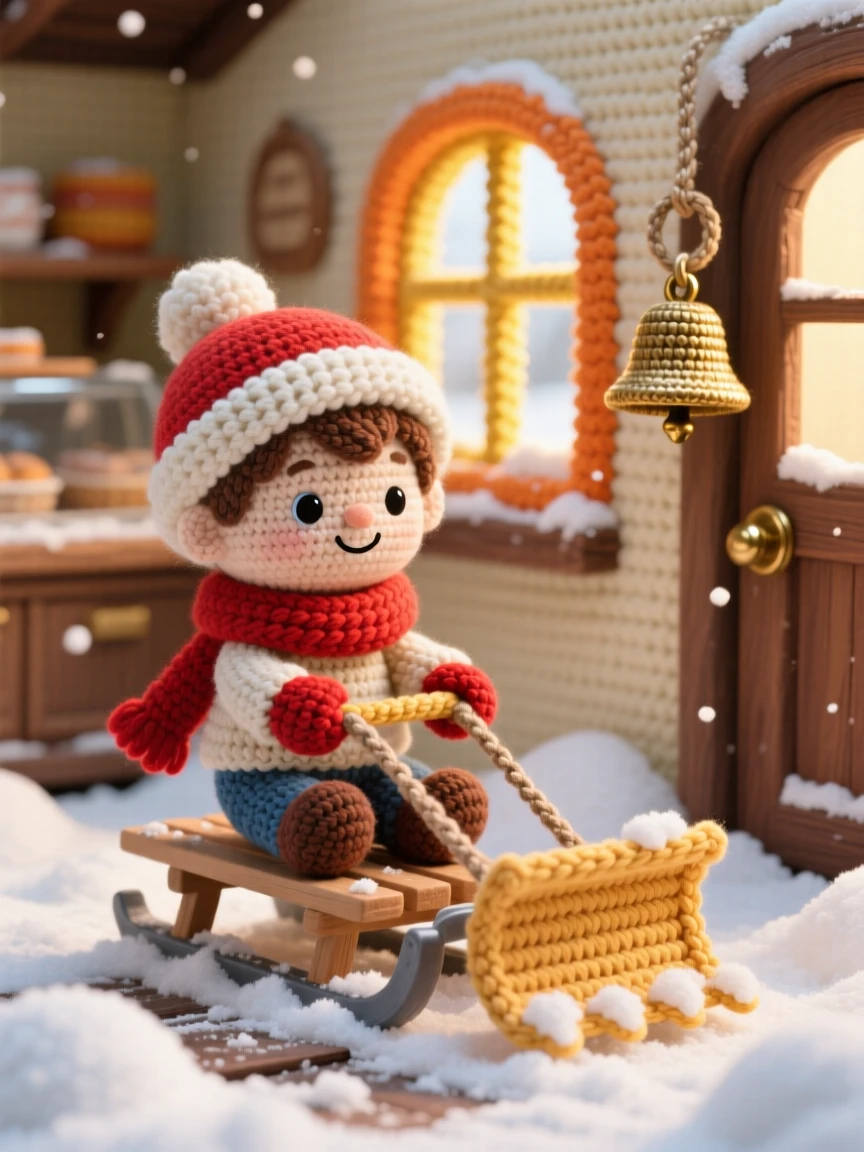 a small boy snow plow driver on a sled, with a bright red scarf, clearing a path through fresh snow, in a warm village bakery filled with morning light, with a small brass bell hanging by the door nearby, conveying bright-eyed enthusiasm for a beloved craft.