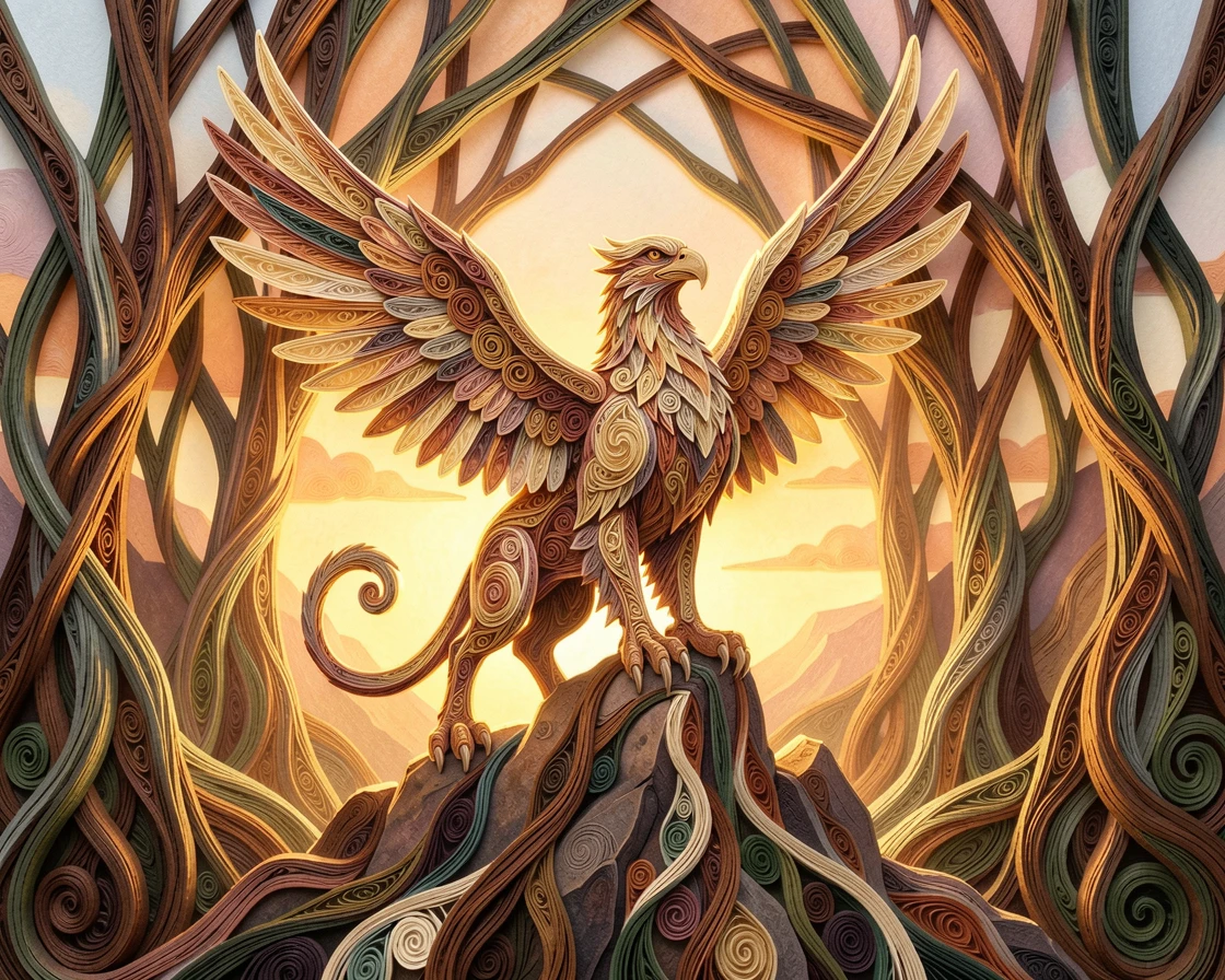 a griffin perched atop a mountain peak at dawn, within a cathedral of ancient twisted roots, captured in an intimate close-up glowing softly, with soft bioluminescent glow illuminating the scene.