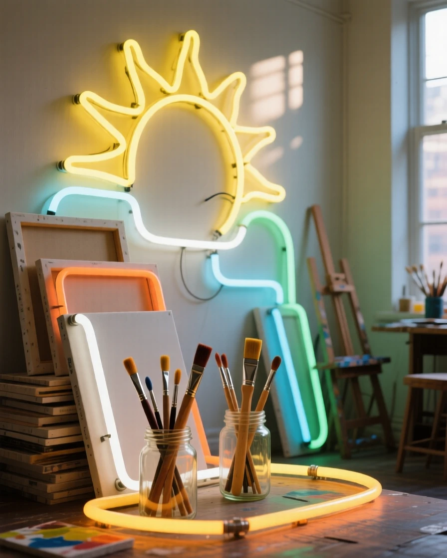 A sunlit art studio cluttered with canvases and jars of brushes.