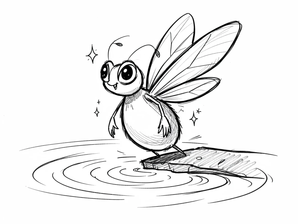 A glowing firefly sprite on the edge of an enchanted lake.
