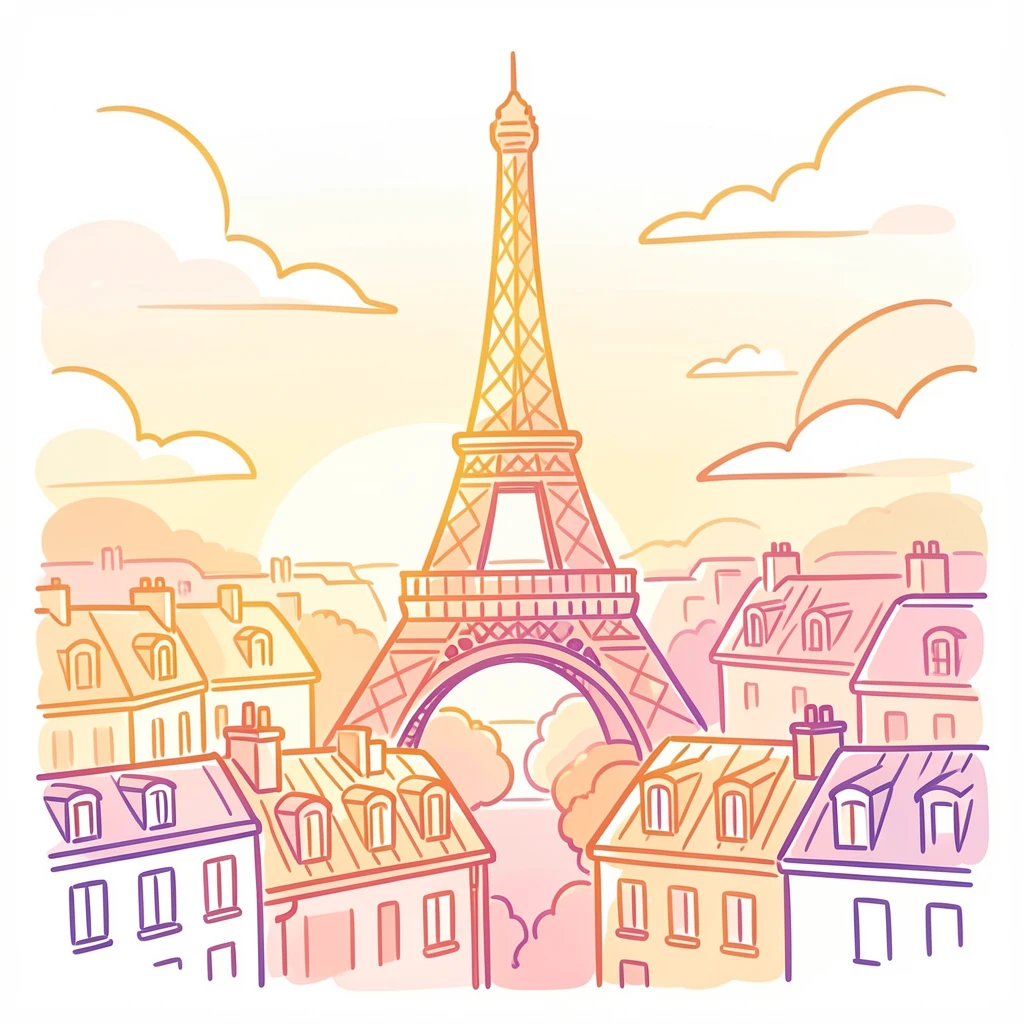 A eiffel tower rising above the rooftops of Paris at golden hour.