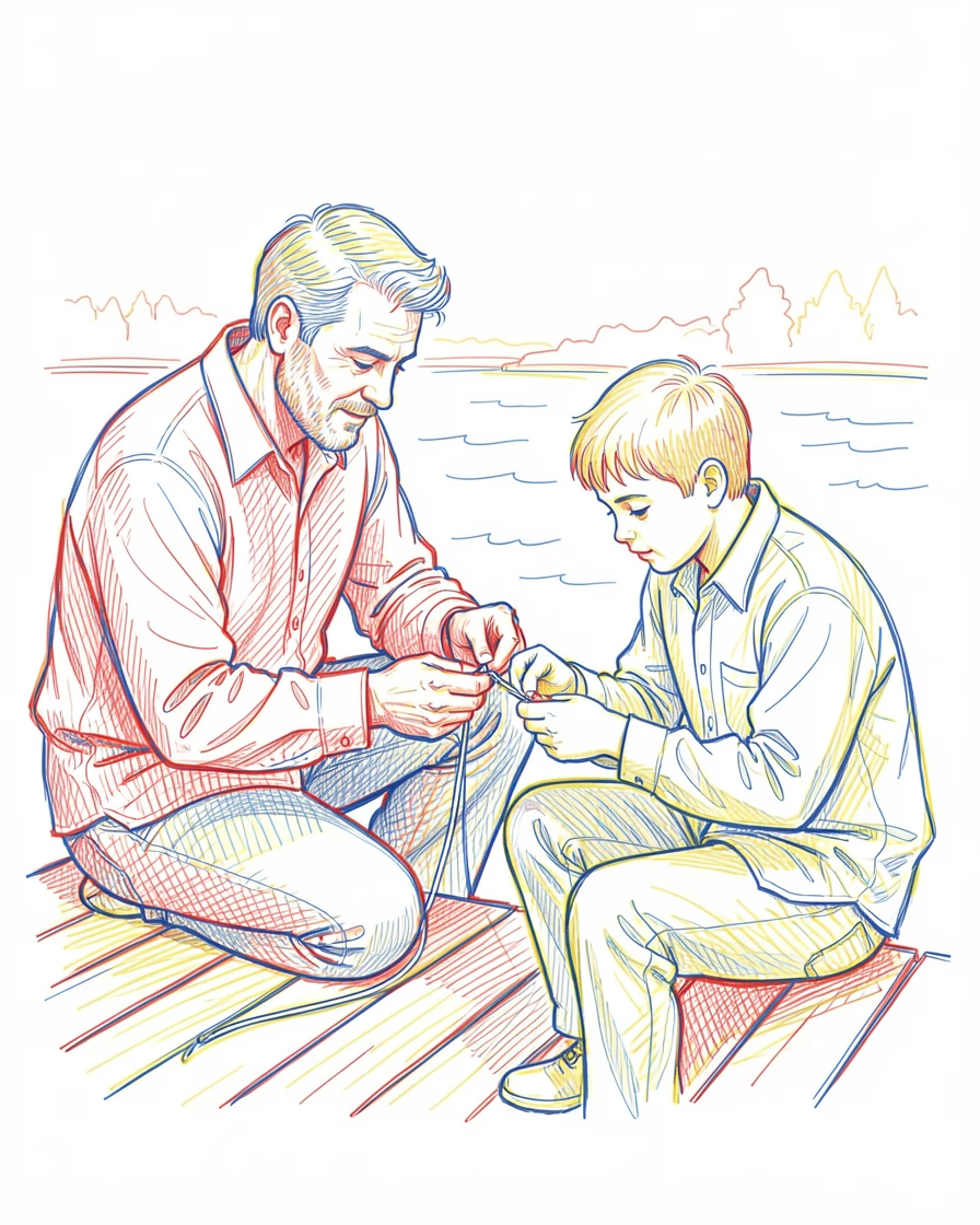 A father teaching his son to tie a fishing knot on a quiet dock