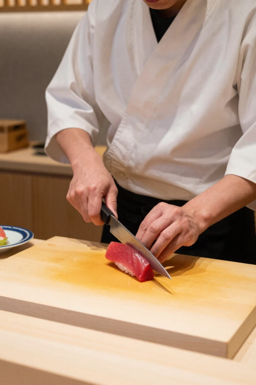 A sushi chef slicing fresh tuna with precision