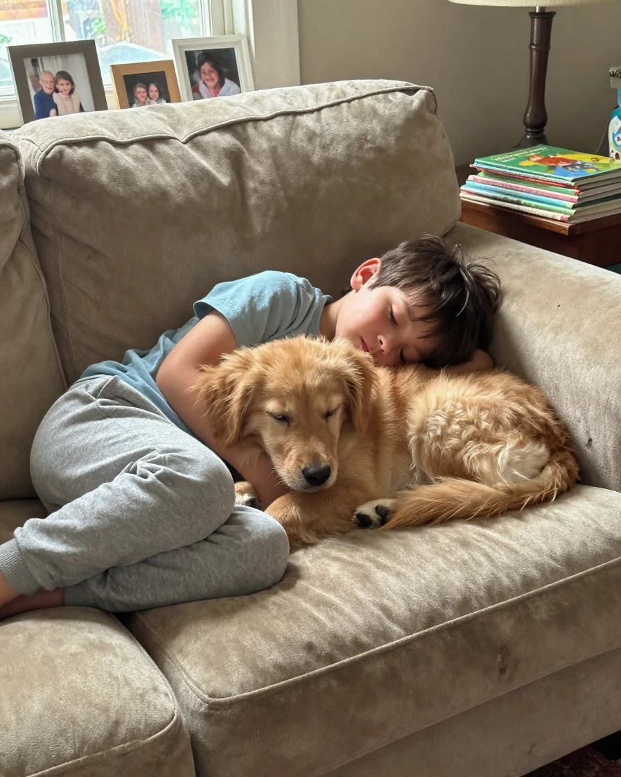 A dog rests its head on the lap of a sleeping child on a couch, both breathing slowly.