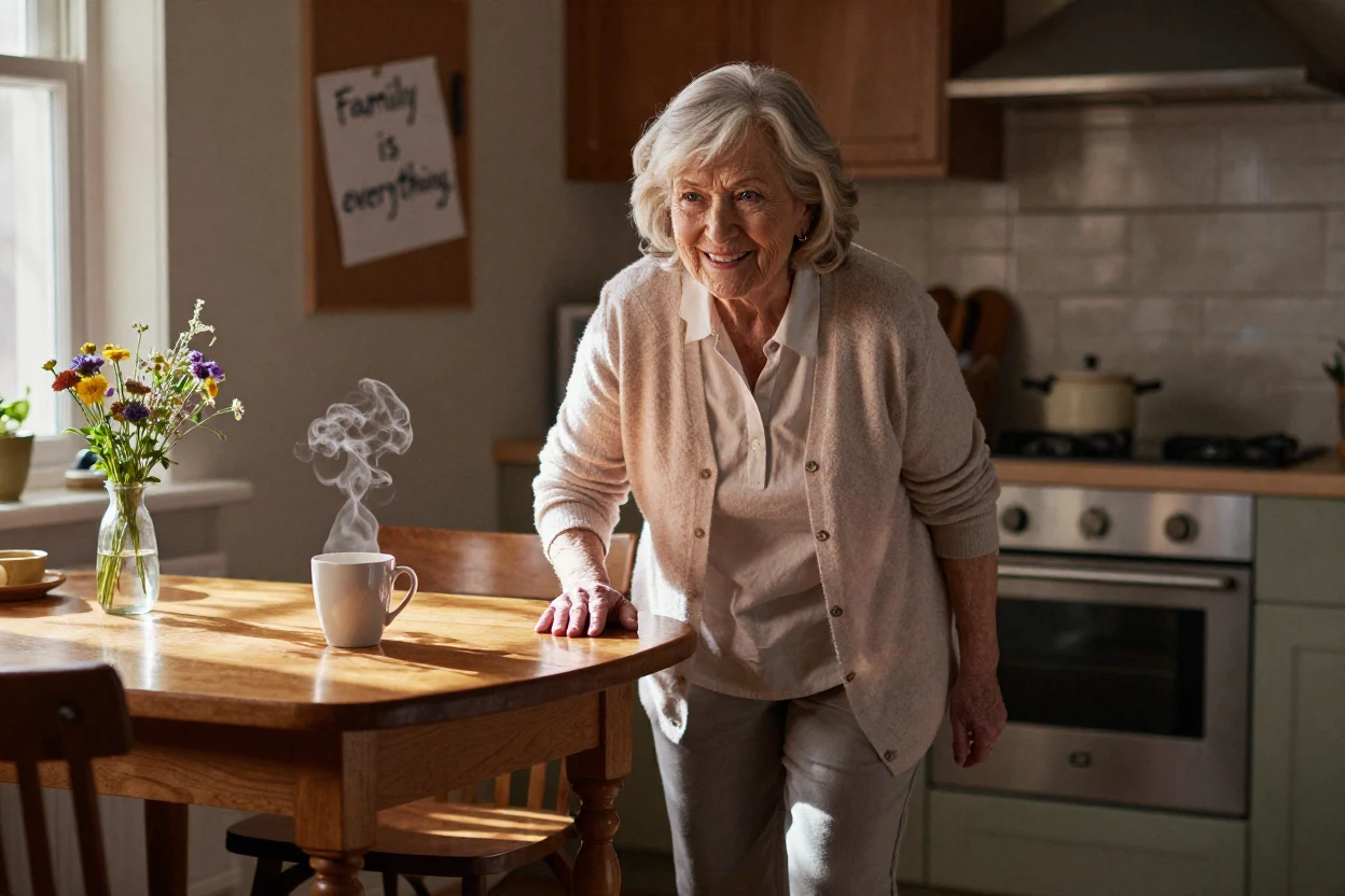 A proud grandmother taking a first confident step forward at a small kitchen table