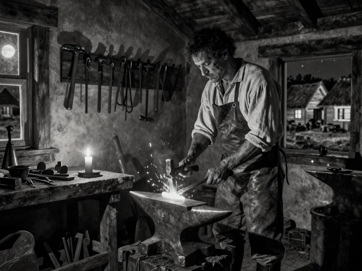 A colonial-era blacksmith forges tools by candlelight in a small colonial village.