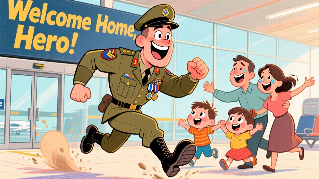A soldier reuniting with his family at an airport, running into their open arms.