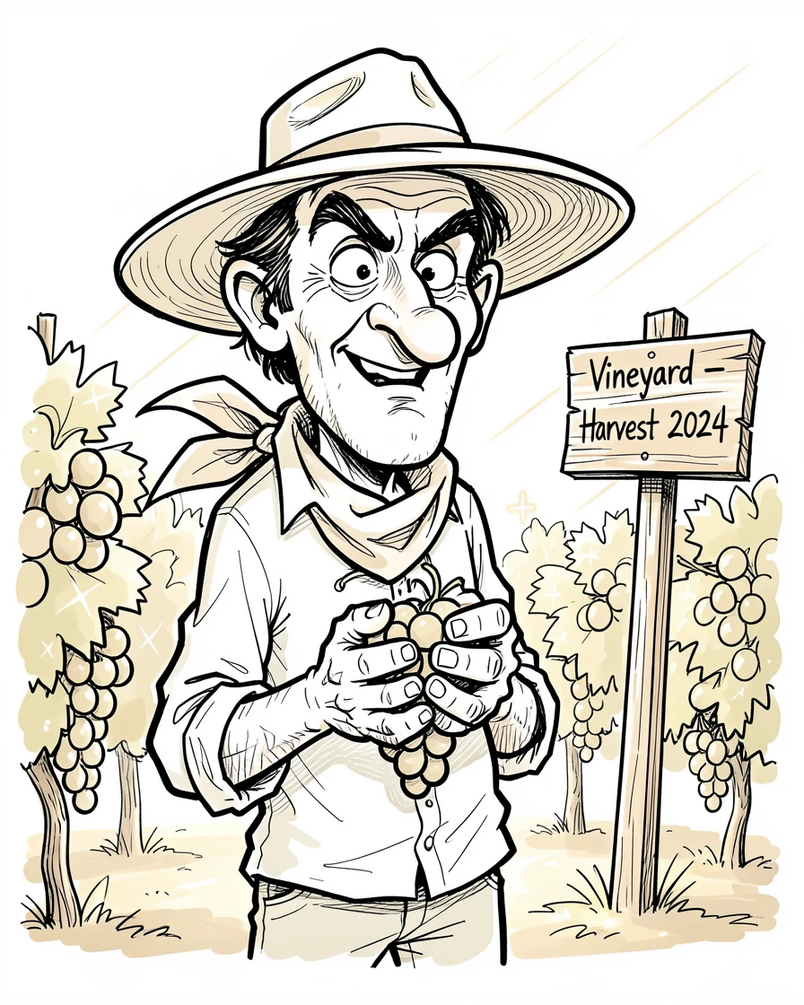 [Occupations & Hobbies] Detailed scene of a passionate winemaker inspecting grapes in a sunny vineyard, showcasing skill and dedication