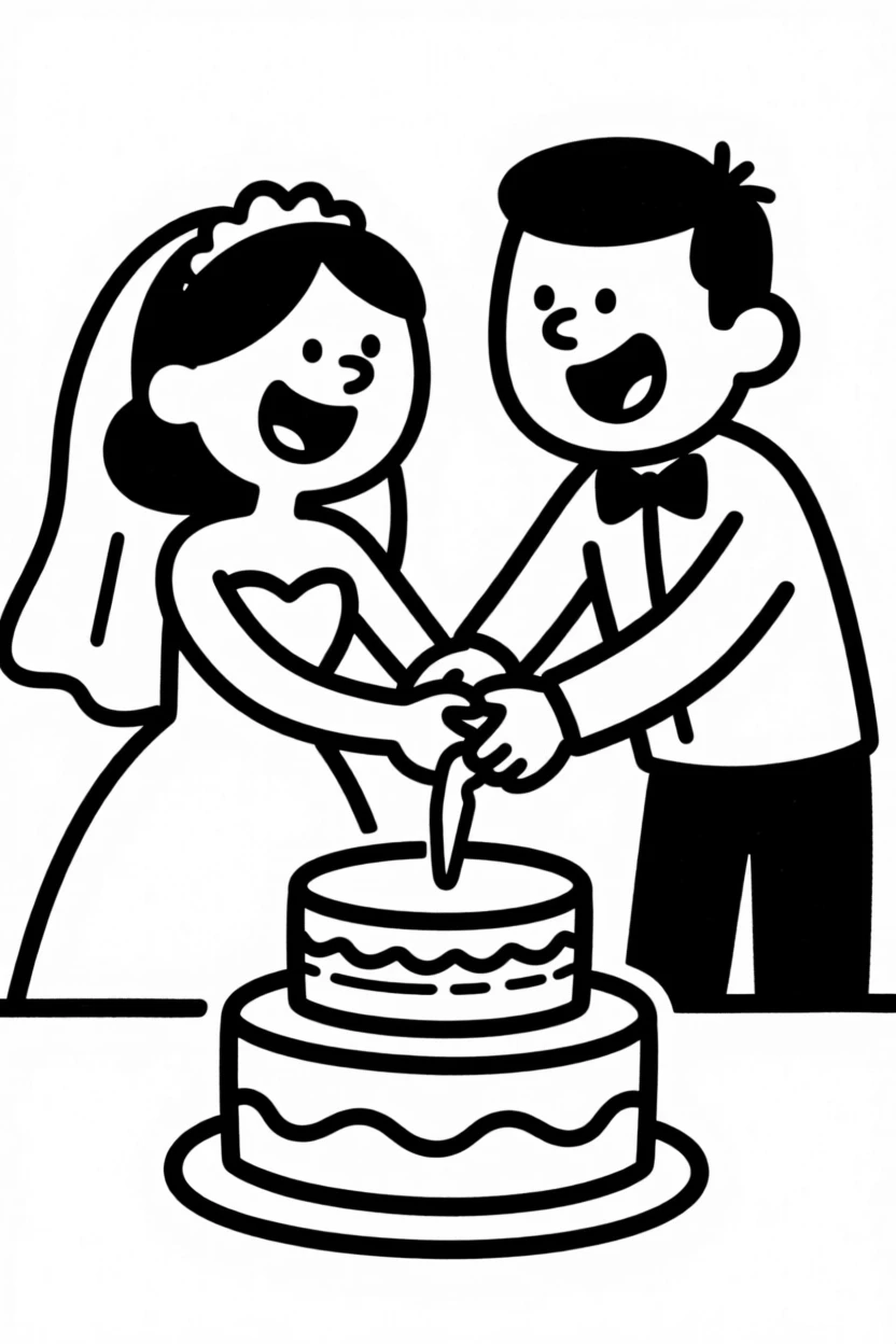 A wedding cake being cut by a joyful bride and groom, hands intertwined.