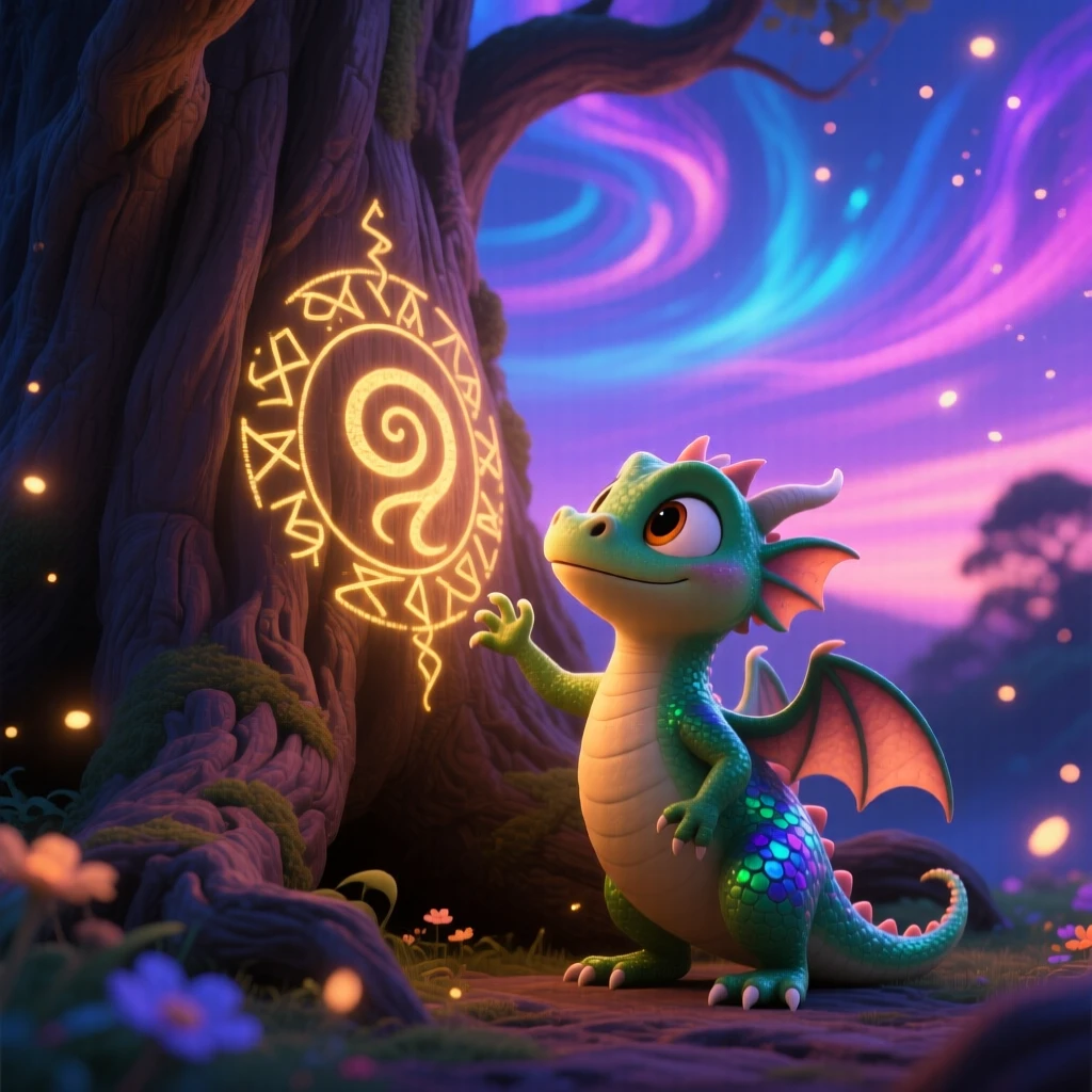 A small dragon hatchling stands beside an ancient tree with glowing runes carved into its bark, painting the sky with swirling colors. A quiet magic hums softly throughout the scene, with glowing runes pulsing gently in the background.