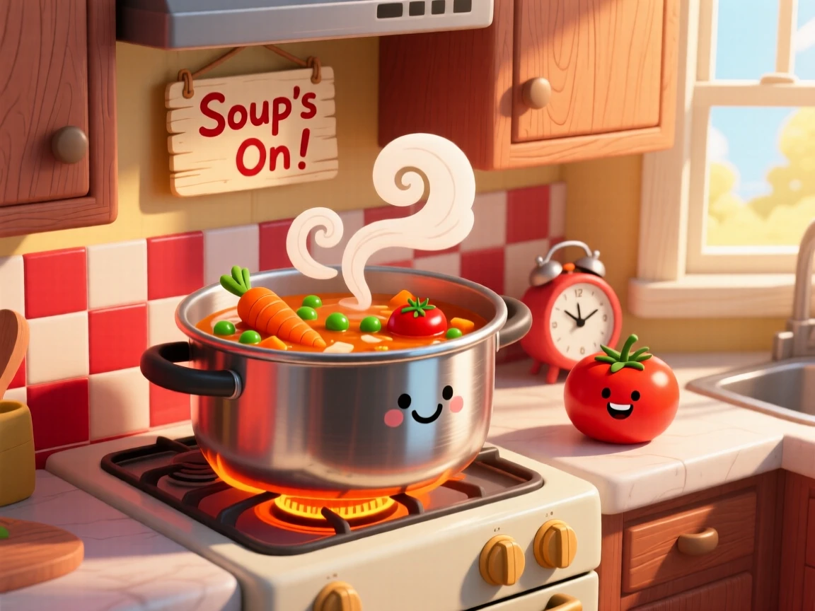 A pot of soup simmering on a stove in a cozy kitchen.