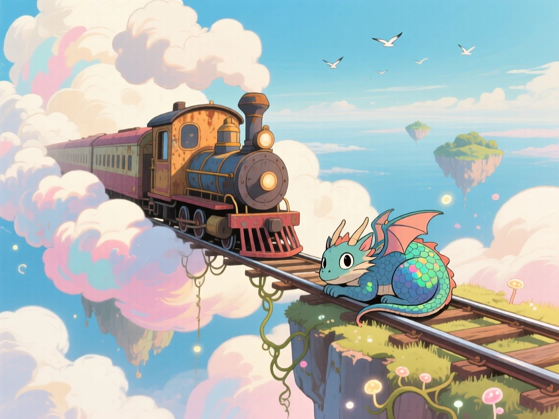 A train that runs on rails suspended among the clouds, where a small dragon curled up like a cat can be seen nearby, the atmosphere mysteriously beautiful.