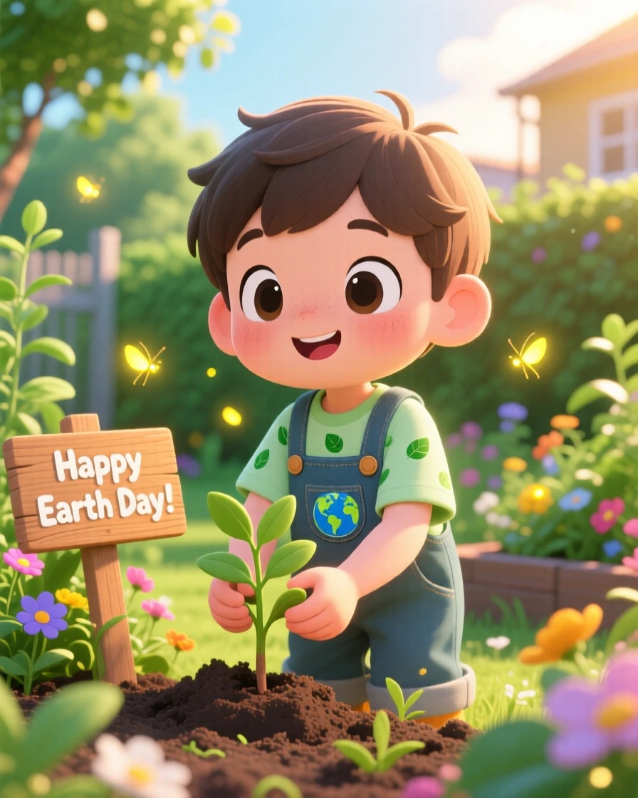 In a sunny community garden, a little boy is planting a new tree on Earth Day as fireflies begin to glow at dusk, bathed in bright midday sun, expression full of curious excitement. Shot as a waist-up portrait.