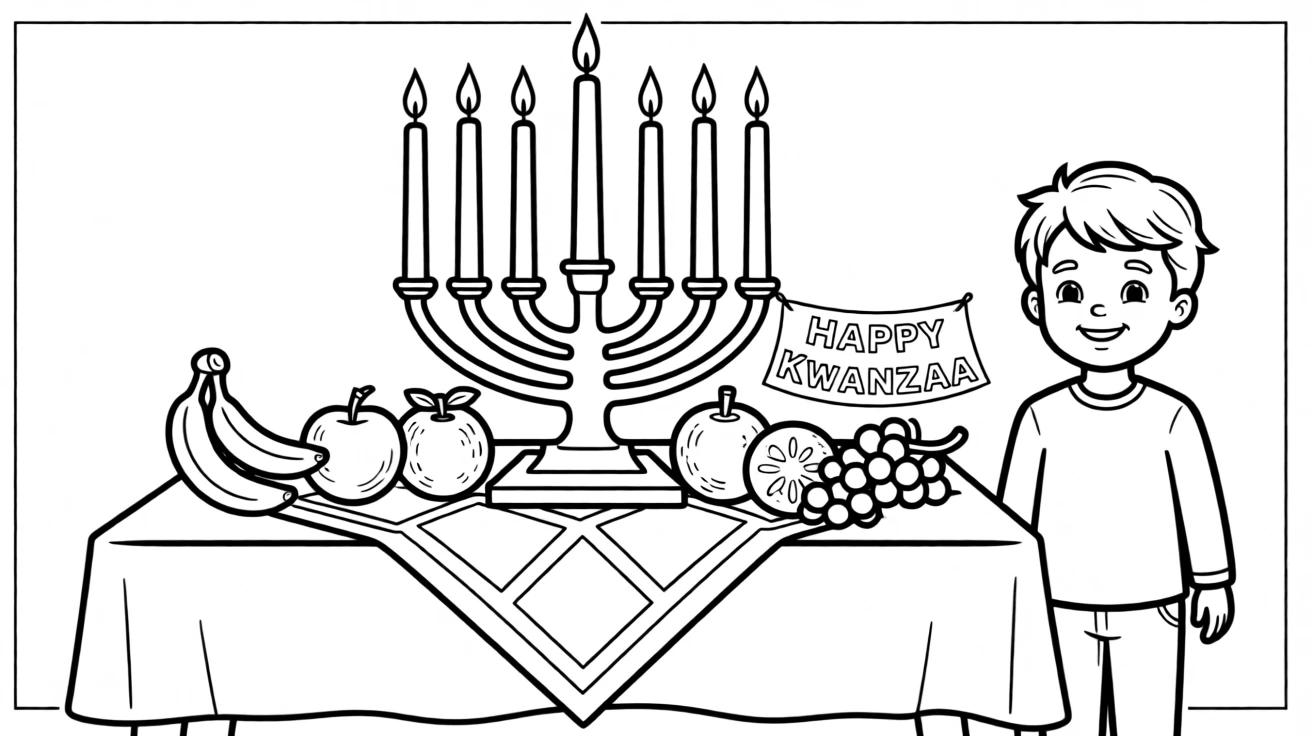 A Kwanzaa celebration table with a kinara and fruits