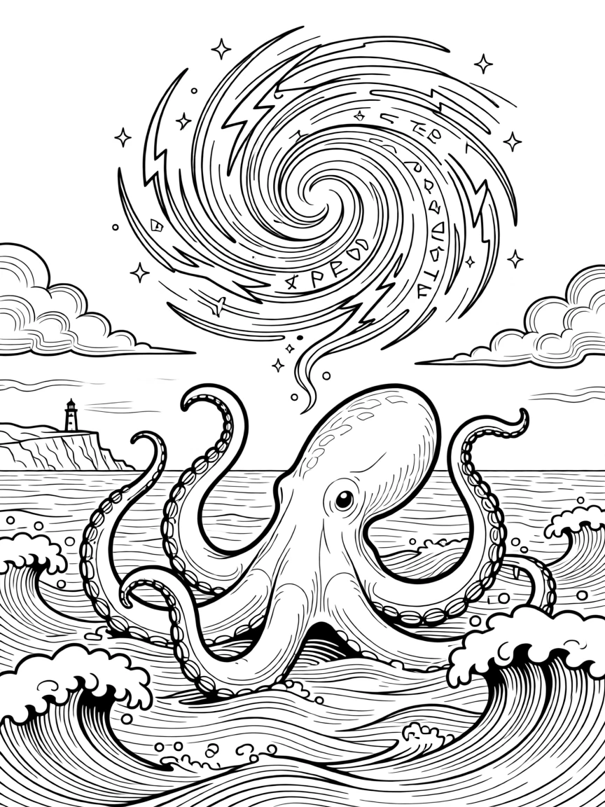 A kraken rising from stormy ocean waves, with a swirl of magical energy crackling in the air.