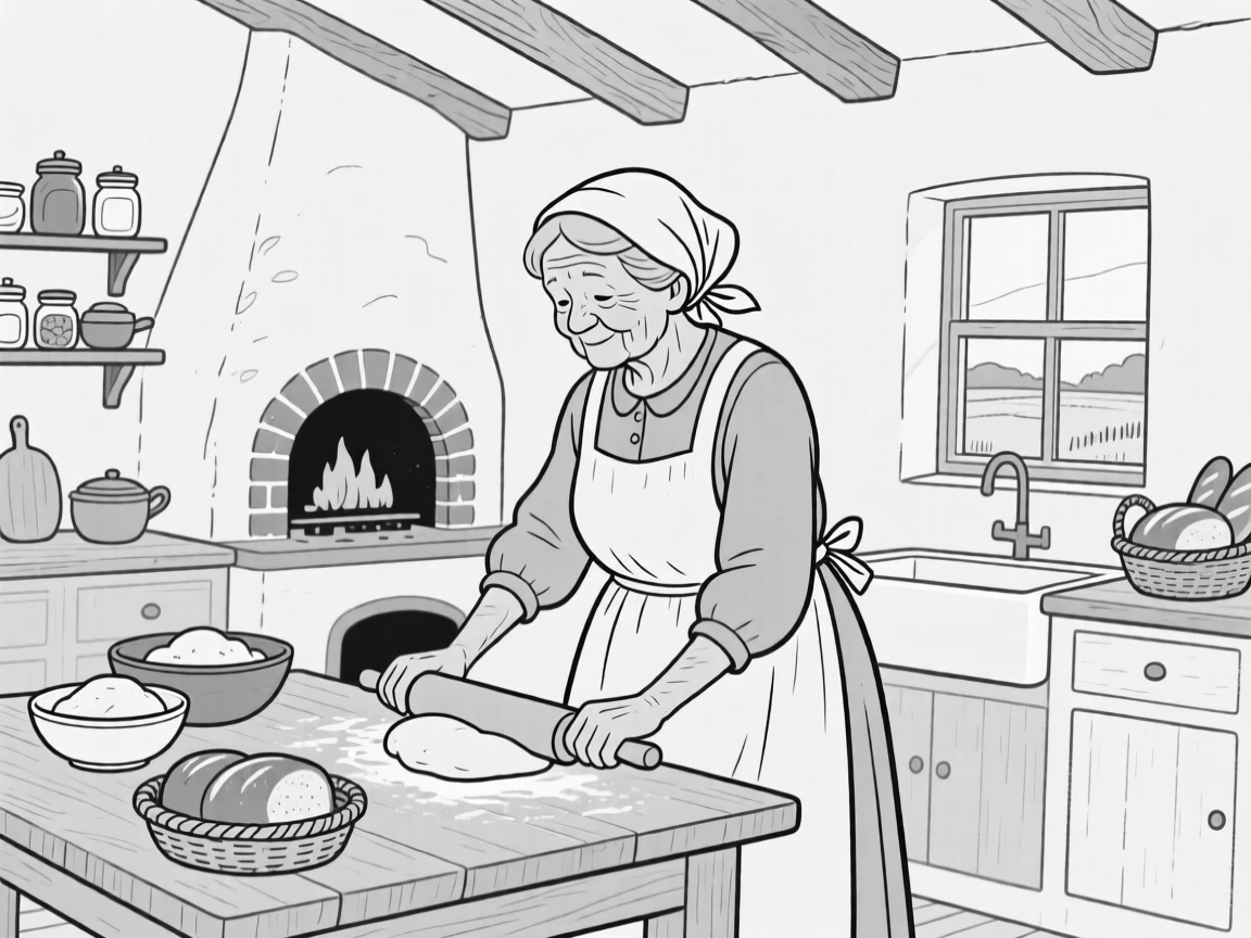A grandmother baking bread in a farmhouse kitchen