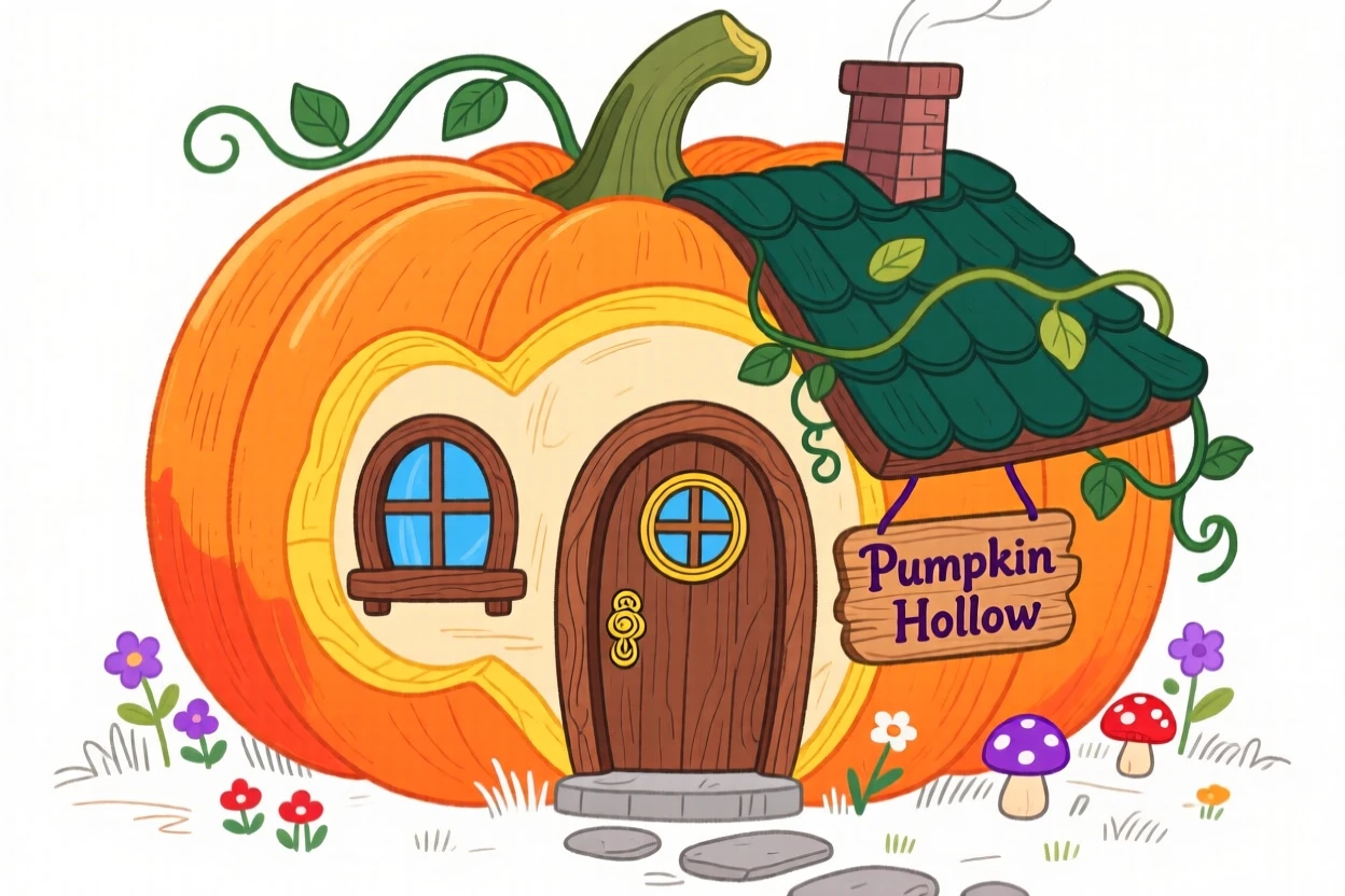 A fairy tale cottage built inside a giant hollowed pumpkin.